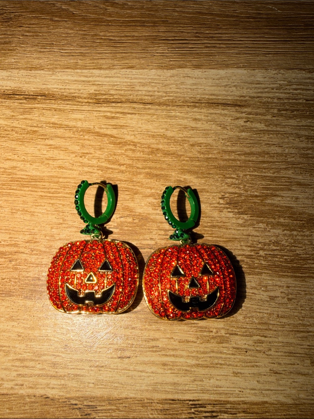 Halloween Pumpkin Dangle Earrings - Green & Orange Sparkle